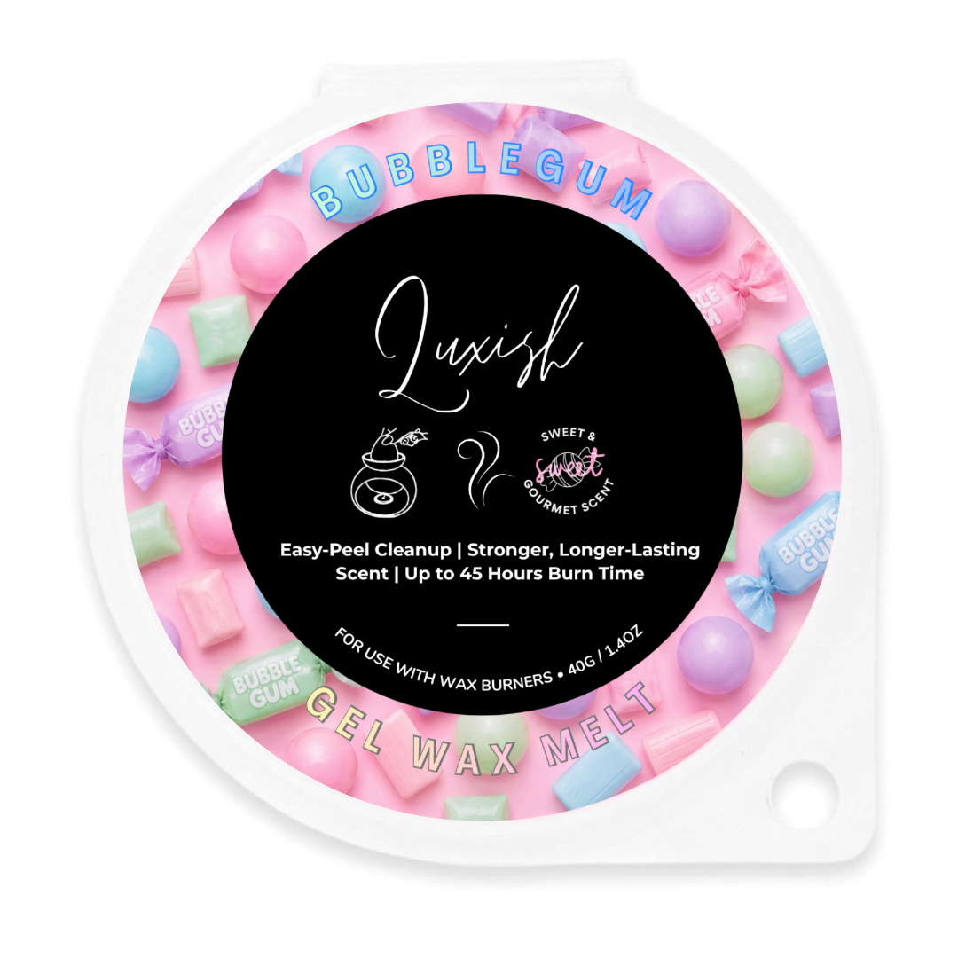 A round wax melt container labeled 'Luxish' in the Bubblegum scent, featuring a colorful pastel candy illustration around a black center label with product details and Sweet A Sweet Journey Scent branding.