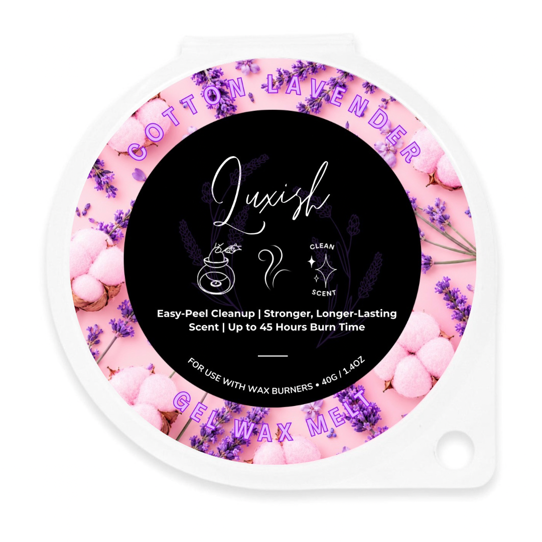 A single round wax melt container labeled 'Luxish' in cotton lavender scent. The lid features a black center with white text and illustrations, surrounded by a pink border decorated with pink cotton bolls and purple lavender flowers.