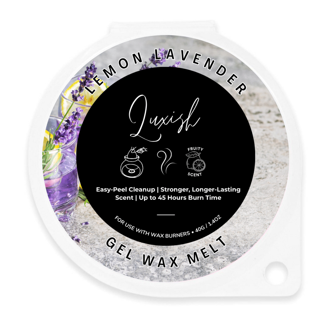 A round gel wax melt container labeled 'Lemon Lavender' by Luxh Fragrance. The lid features a black center with white text and a gray stone-textured outer ring decorated with purple lavender flowers and a lemon slice illustration.