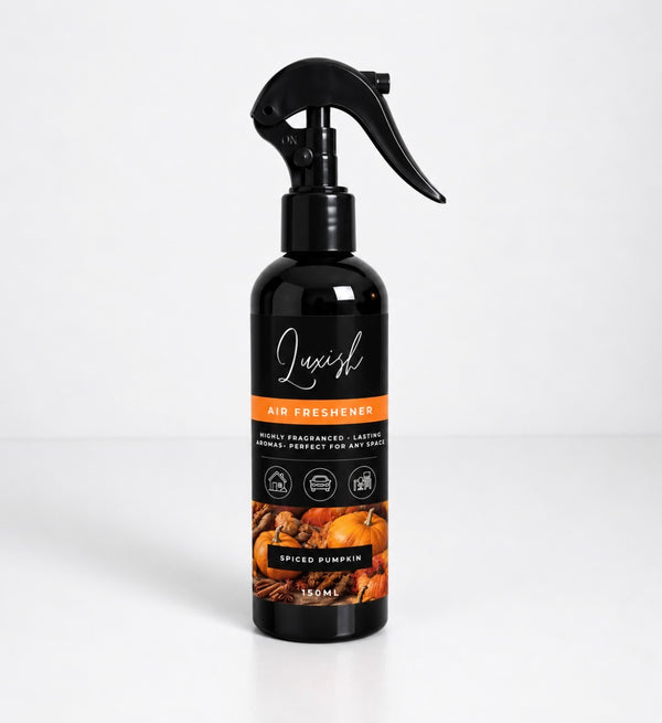 Luxish Spiced Pumpkin air freshener spray 150ml in black trigger bottle with autumn pumpkin and spice label