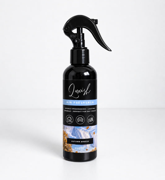 Luxish Autumn breeze air freshener spray 150ml in black trigger bottle with blue clean laundry in blue sky sticker label