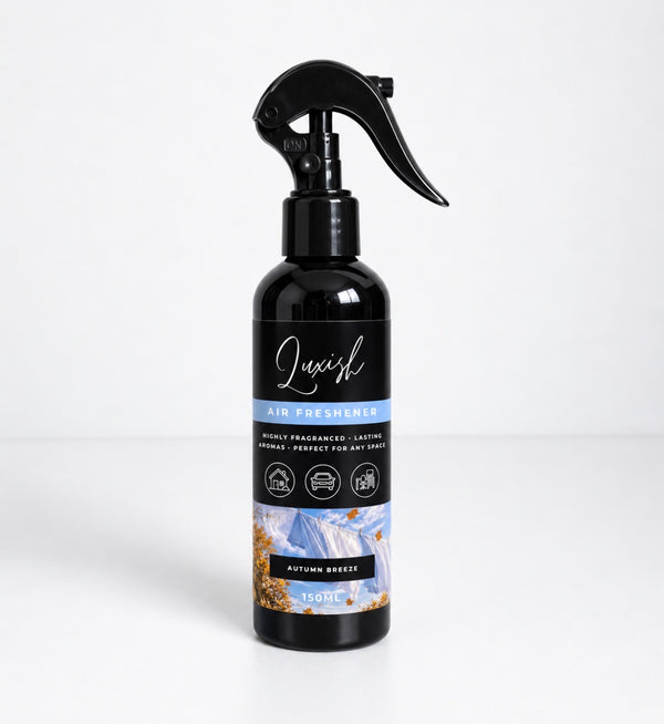 Luxish Autumn breeze air freshener spray 150ml in black trigger bottle with blue clean laundry in blue sky sticker label