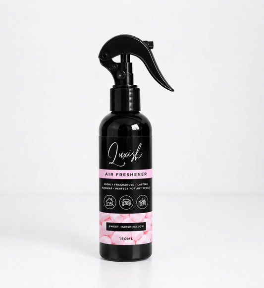 Luxish sweet marshmallow air freshener spray 150ml in black trigger bottle with baby pink marshmallows on label sticker