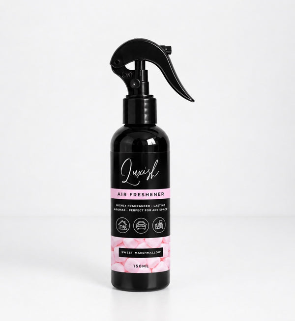 Luxish sweet marshmallow air freshener spray 150ml in black trigger bottle with baby pink marshmallows on label sticker