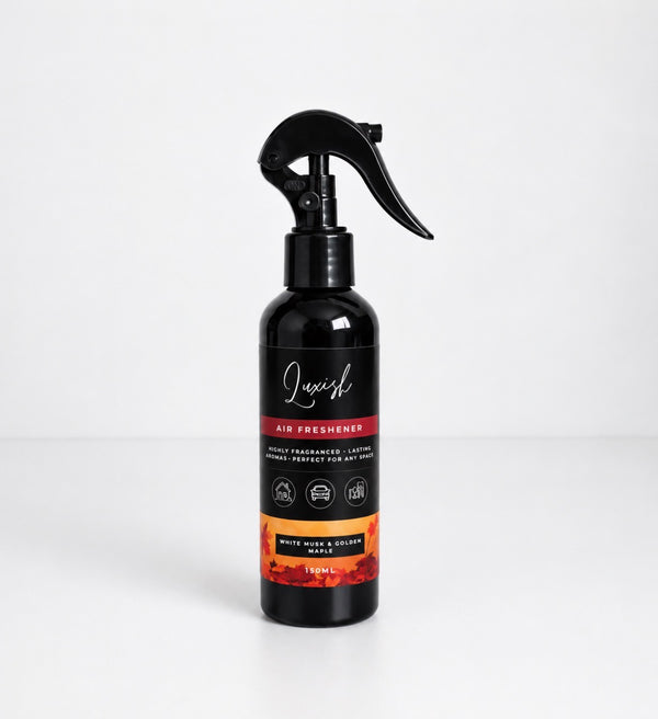 Luxish White Musk and golden maple air freshener spray 150ml in black trigger bottle with golden leaves on label sticker