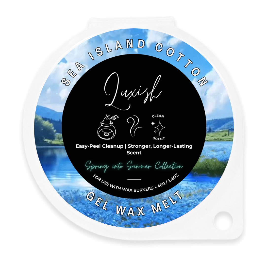 Sea Island Cotton Luxish gel wax melt packaging with scenic design